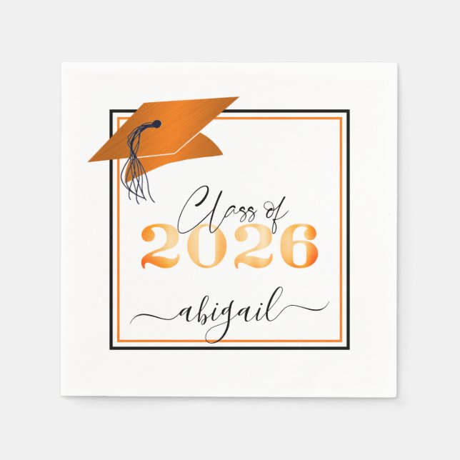 Serviette En Papier Diplômé 2026 Faux Métallisé Orange Noir Script (Devant)