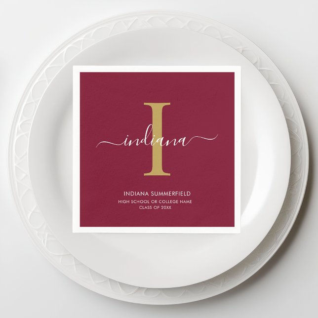 Serviette En Papier Diplôme 2026 Monogramme Script Bourgogne Fête (Monogram Script Burgundy Graduation Paper Napkin)