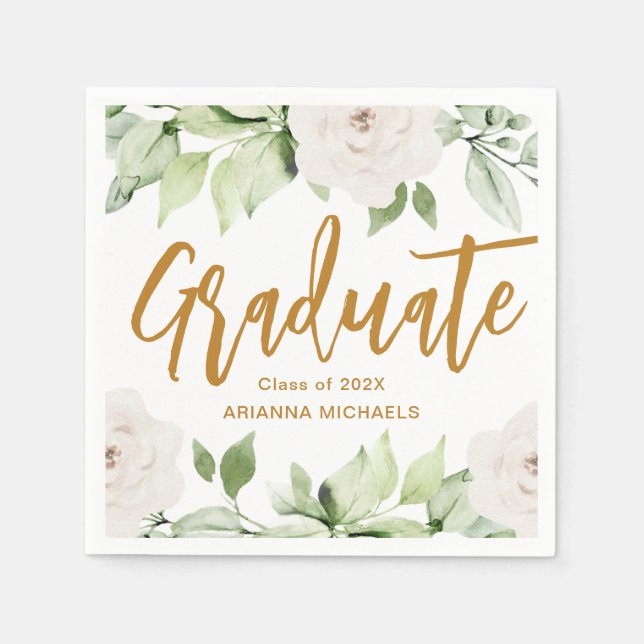 Serviette En Papier Diplômé botanique floral Script Graduate Blanc (Devant)