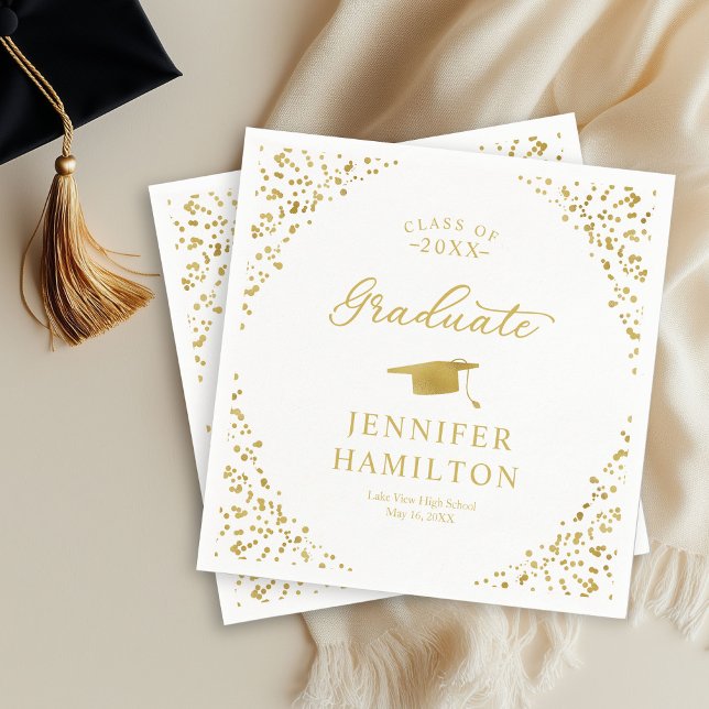 Serviette En Papier Diplômé Élégant Confettis Dorés Sur Fond Blanc De  (Créateur téléchargé)
