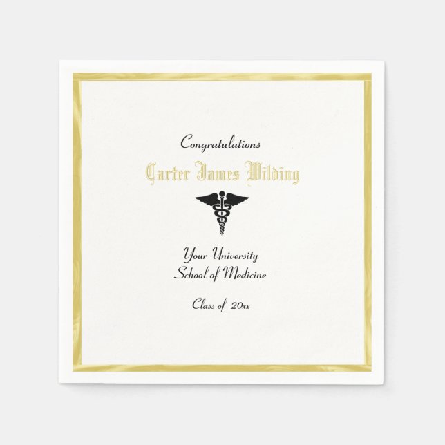 Serviette En Papier Diplôme, Faculté de Médecine, Caducée, Or (Devant)