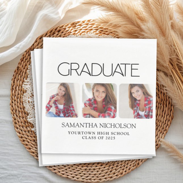 Serviette En Papier Diplômé Moderne Élégant 3-Photos (Modern white 3 photo graduation party paper napkins)