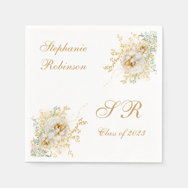 Serviette En Papier Diplôme Monogramme Floral Or  (Devant)