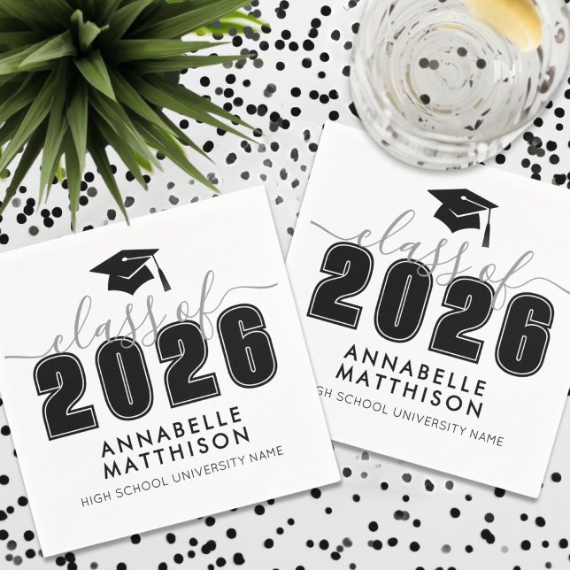 Serviette En Papier Diplômé Noir Blanc (Graduate Simple Black White Graduation Napkins)