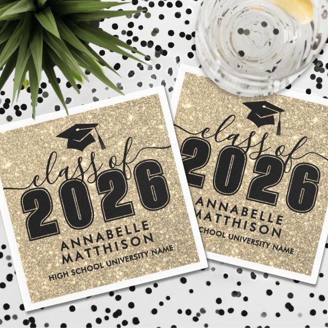 Serviette En Papier Diplômé Paillettes Dorées (Gold Glitter Graduation Napkins)