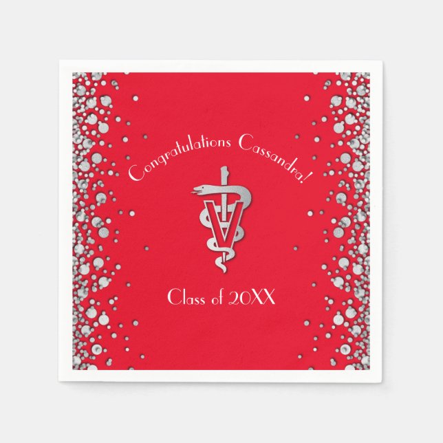 Serviette En Papier Diplômé Vétérinaire Rouge Argent (Devant)