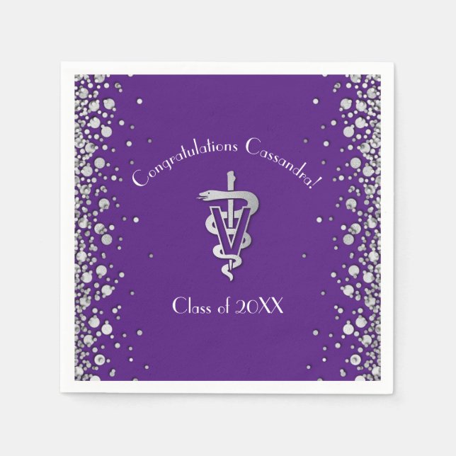 Serviette En Papier Diplômé Vétérinaire Violet Argent (Devant)