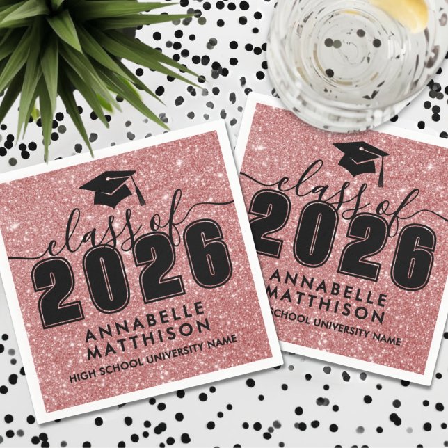 Serviette En Papier Diplômée Paillettes Roses (Pink Glitter Graduation Napkins)