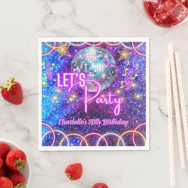 Serviette En Papier Disco Ball Let's Party Neon rose Fille Fille Fête (En situation)