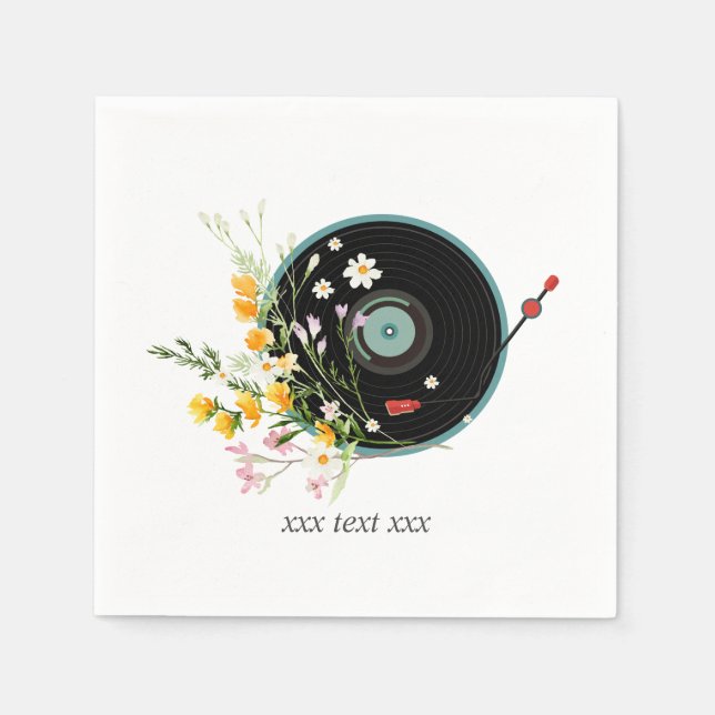 Serviette En Papier Disque vinyle, Musique ancienne rustique, fleurs, (Devant)