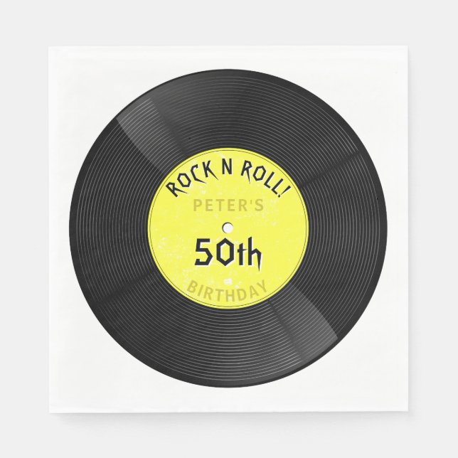 Serviette En Papier Disque Vinyle Rétro Rock N Roll Jaune Anniversaire (Devant)