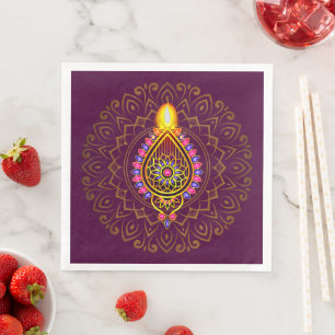 Serviette En Papier Diwali Bijoux Diya Design bougie Mandala Purple