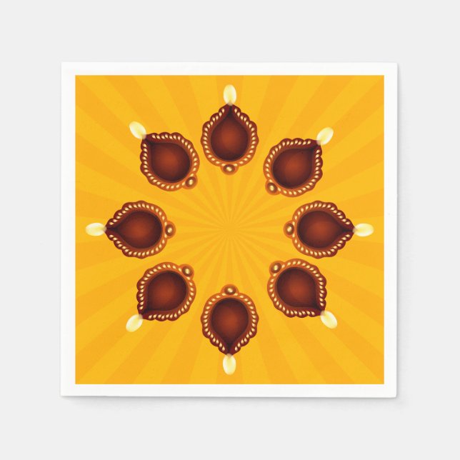 Serviette En Papier Diwali Diyas avec rayons de soleil jaune (Devant)