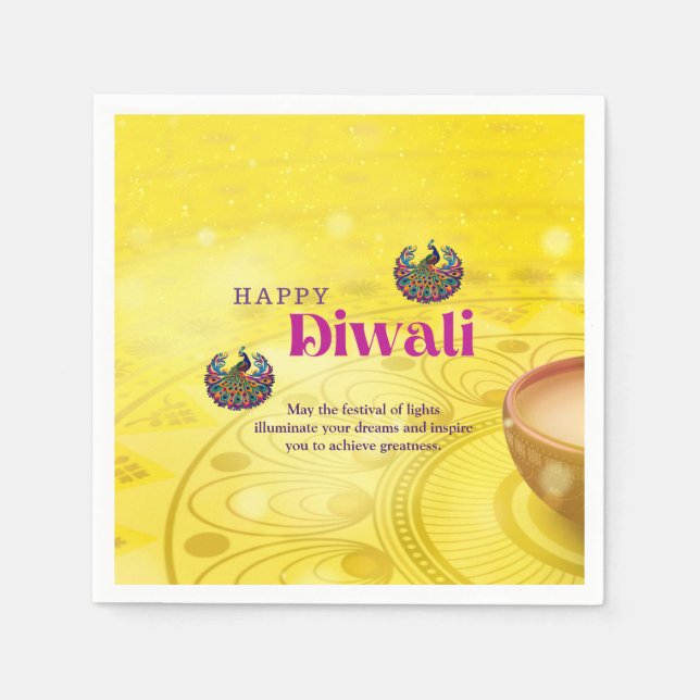 Serviette En Papier Diwali Jaune Mandala Lampe Peacock Personnalisé (Devant)
