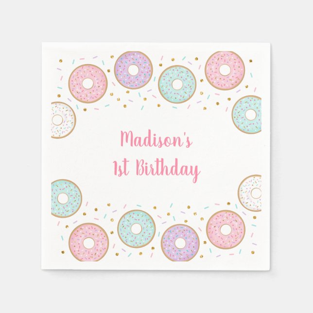 Serviette En Papier Donut Pink Gold Pastel Anniversaire (Devant)