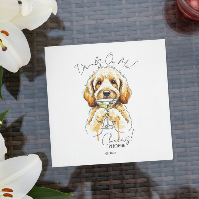 Serviette En Papier Doodle doré Martini Open Bar Cocktail (Toast your pet with this custom hand drawn golden doodle martini cocktail napkin!)
