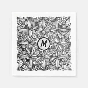 Serviette En Papier Doodle noir et blanc dessiné à la main avec monogr