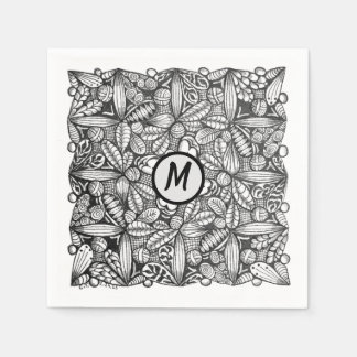 Serviette En Papier Doodle noir et blanc dessiné à la main avec monogr