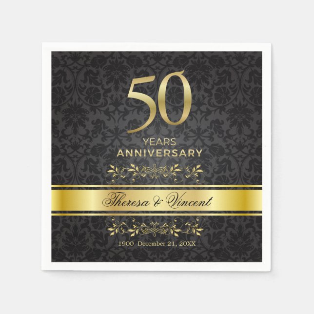 Serviette En Papier Doré brille noir Damas 50 Mariage Anniversaire (Devant)