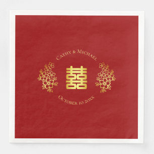 Serviette En Papier Double bonheur fleuri logo chinois mariage rouge