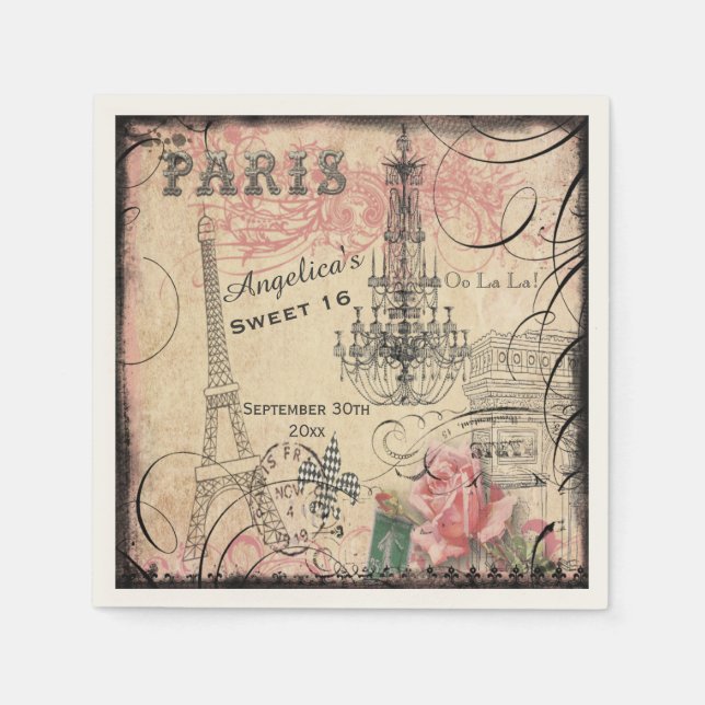 Serviette En Papier Douce 16 Tour Eiffel et lustre (Devant)