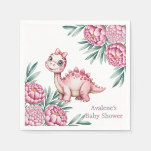Serviette En Papier Douce Baby Shower Dinosaure Rose et Pivoine
