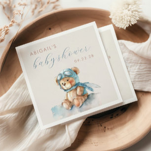 Serviette En Papier Douce Baby Shower Fille Ourson Bleu Aquarelle