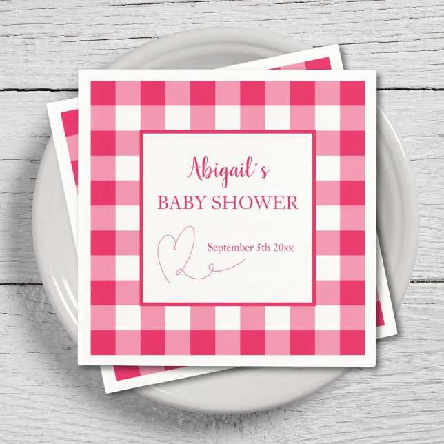 Serviette En Papier Douce Baby Shower Gingham à la Framboise  (Créateur téléchargé)