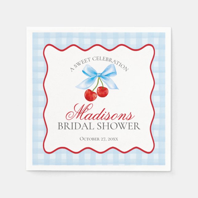 Serviette En Papier Douce Cerise Bleue Coquette Gingham Mariage (Devant)