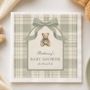 Serviette En Papier Douce Fête de Naissance Ourson Gingham Vert Sauge