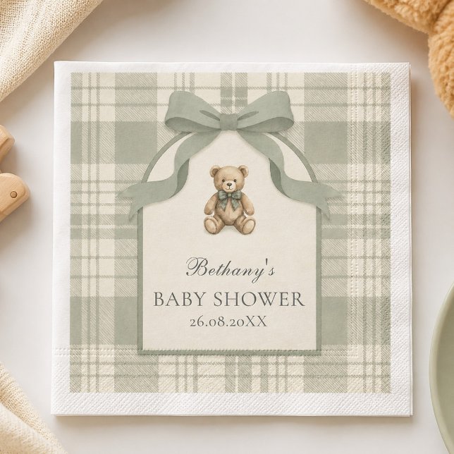 Serviette En Papier Douce Fête de Naissance Ourson Gingham Vert Sauge (Sage Green Gingham Teddy Bear Paper Napkin)