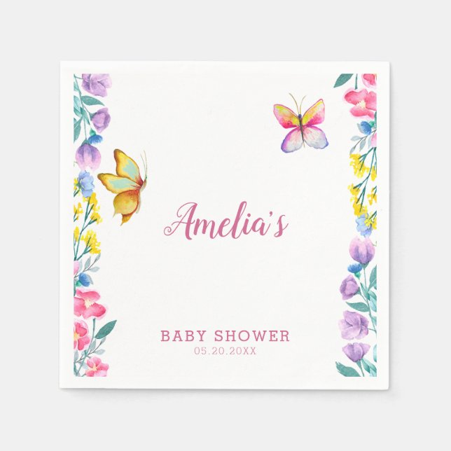 Serviette En Papier Douce Fête de Naissance Papillon Rose Printanier (Devant)