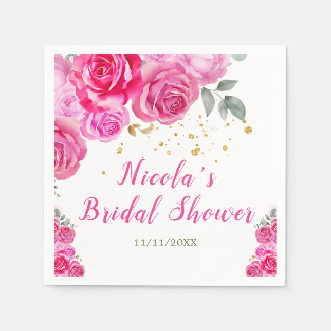 Serviette En Papier Douce Mariage Fleurie Rose Chaud (Devant)