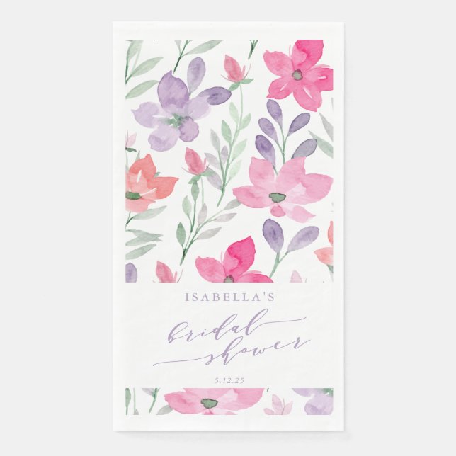 Serviette En Papier Douce Mariage Fleurs Aquarelle Rose Violet Personn (Devant)