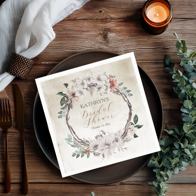 Serviette En Papier Douce Mariée Bohème Florale Automnale Atténuée (Boho Muted Fall Floral and Grapevine Wreath "Fall in Love" Collection Bridal Shower Paper Napkins)