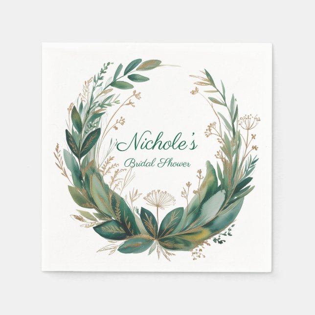 Serviette En Papier Douce Mariée Florale Émeraude & Or (Devant)