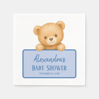Serviette En Papier Douce Ourson Brun Fête de Naissance Bleu Garçon