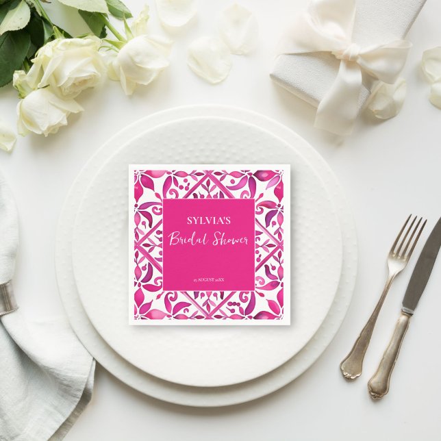 Serviette En Papier Douce soirée de mariage rose vif en talavera espag (Bold pink Spanish talavera vintage Mexican bridal shower monogram printed  Napkins personalized deco)