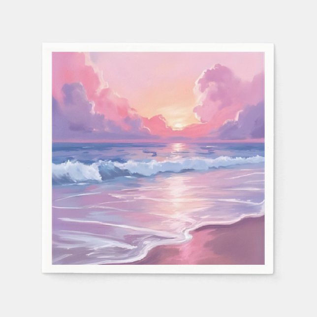 Serviette En Papier Douces Vagues d'Océan Rose Pastel Coucher de Solei (Devant)