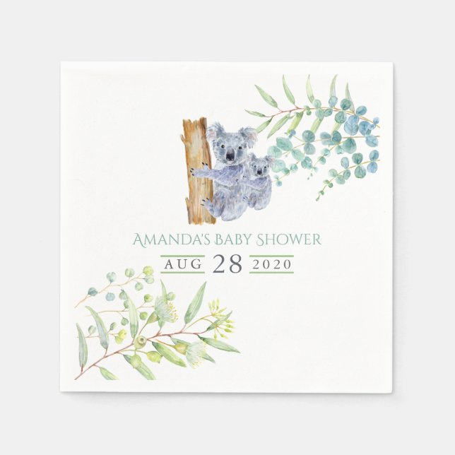Serviette En Papier Douche de bébé Oursons Koalas Mignons Feuilles d'E (Devant)