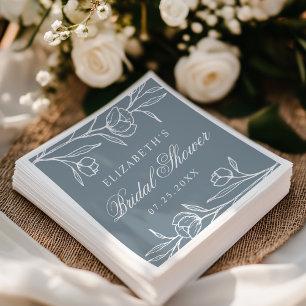 Serviette En Papier Douche de Mariage Fleurs Esquissées Bleu Poussière