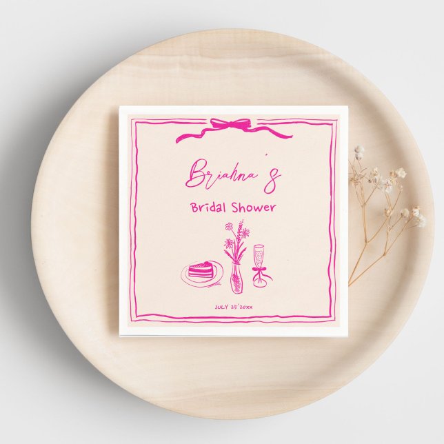 Serviette En Papier Douche de mariée rose rétro griffée manuscrite (Handdrawn scribble retro pink ribbon bridal shower template napkins personalized tableware decor)