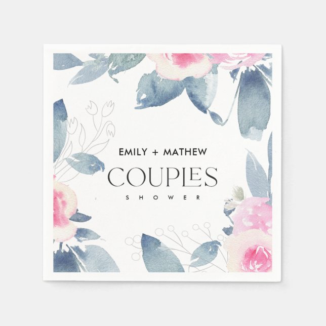 SERVIETTE EN PAPIER DOUCHE EN COULEUR D'EAU FLORALE BLEU DOUX (Devant)