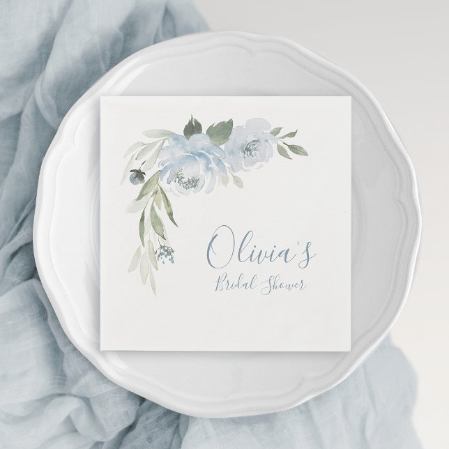 Serviette En Papier Douche nuptiale fleurie bleu-duvet (Dusty blue watercolor floral bridal shower napkins)
