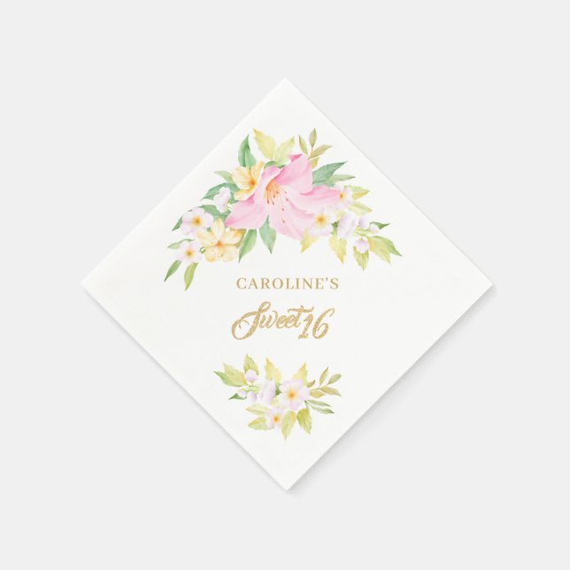 Serviette En Papier Doux 16 Floral Aquarelle rose pâle Élégant (Coin)