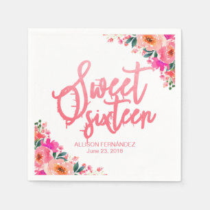 Serviette En Papier Douze Ans Sucrés Fleur Florale Aquarelle Rose Chau