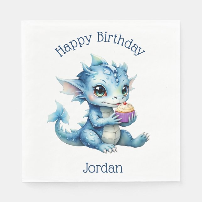 Serviette En Papier Dragon Bébé Bleu Mange un Cupcake (Devant)