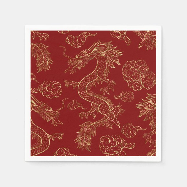Serviette En Papier Dragon chinois or et rouge foncé (Devant)