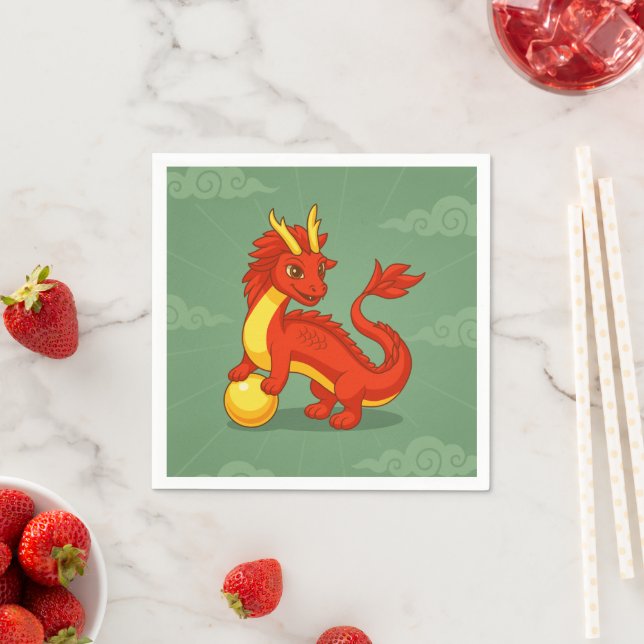 Serviette En Papier Dragon Chinois Rouge sur Fond Vert (En situation)