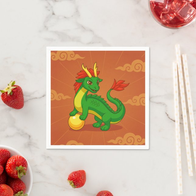 Serviette En Papier Dragon Chinois Vert sur Fond Rouge (En situation)
